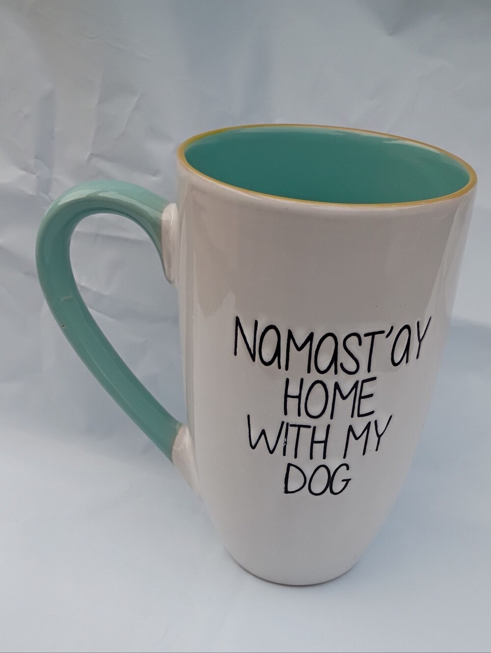 Namast’ay Home With My Dog Mug in Ceramic White & Teal Interior 20oz Stay Home